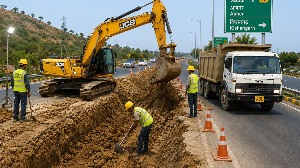 Excavator working beside a highway