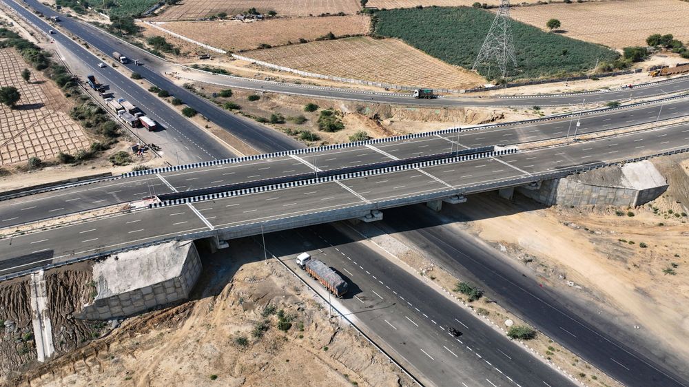 Aerial view of a road over bridge on the Jaipur Kishangarh section