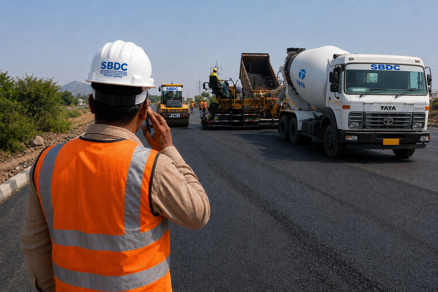 SBDC Infratech site engineer supervising bituminous paving on a highway project