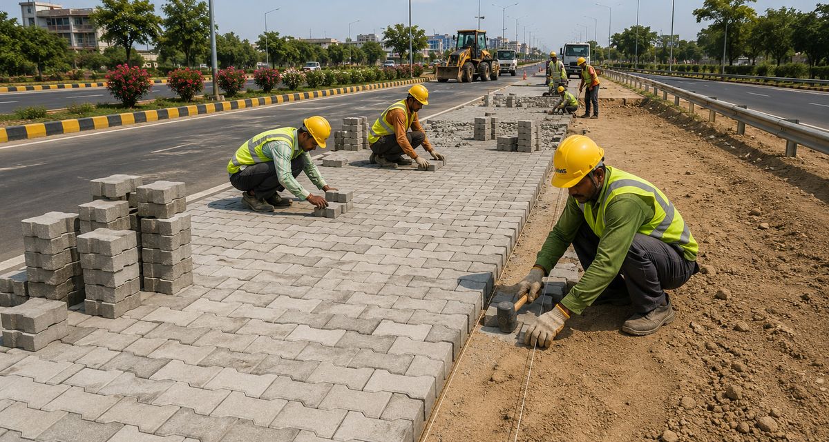 Workers laying interlocking paving blocks