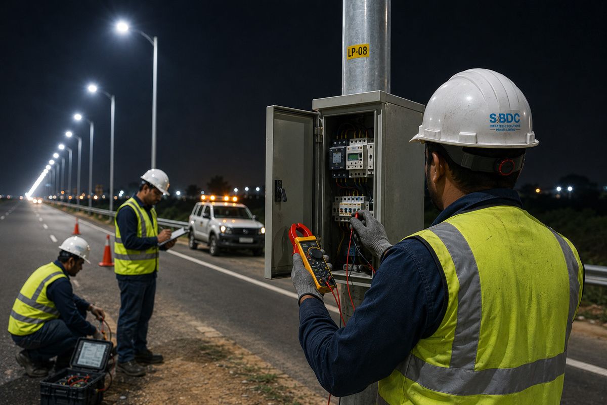 Engineers commissioning highway lighting