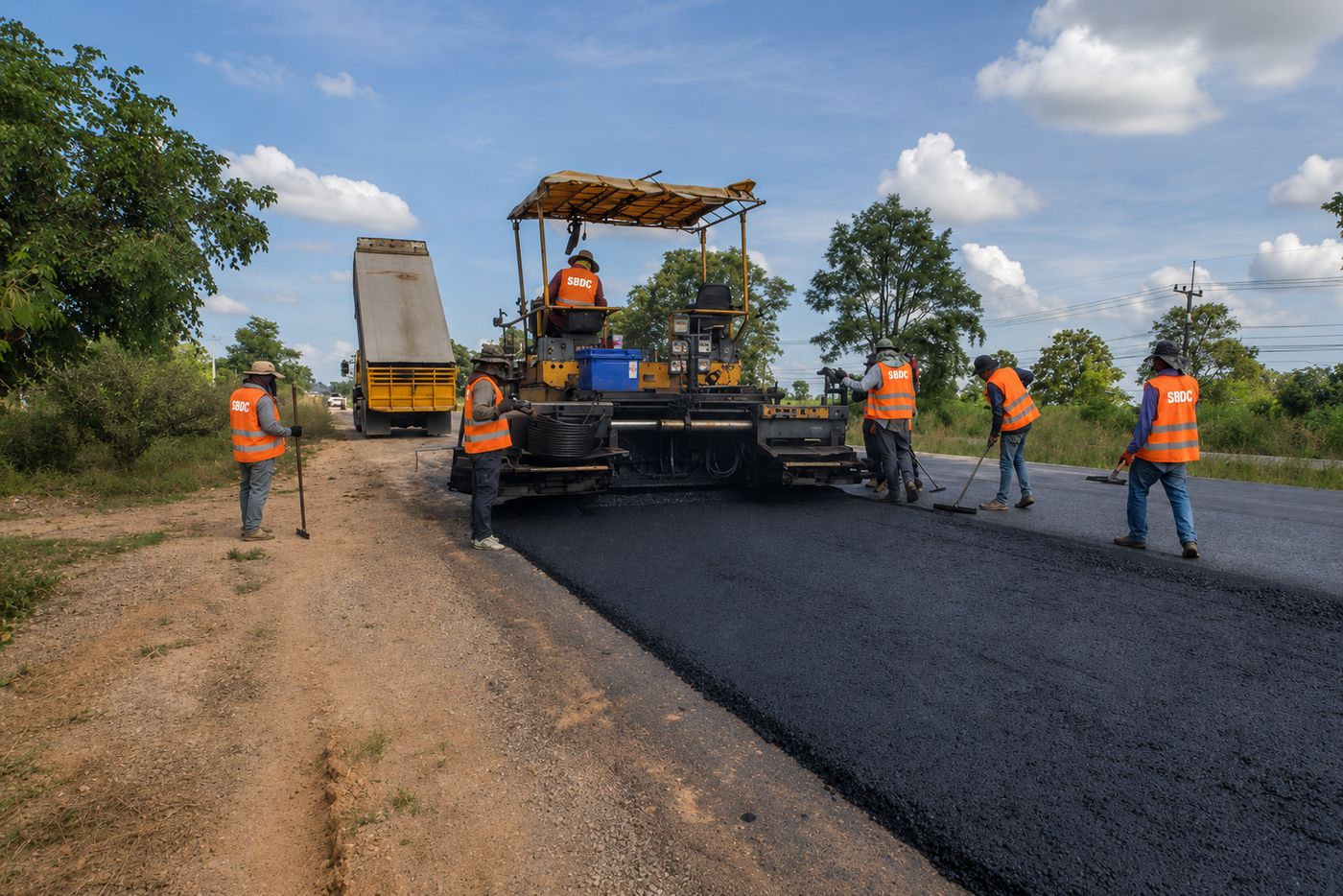 SBDC crew laying pavement quality concrete behind a paver