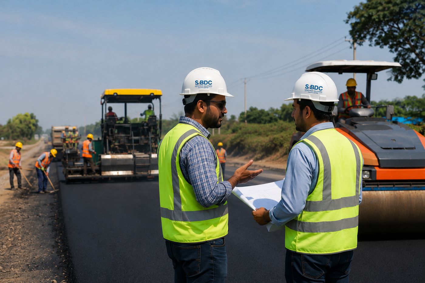SBDC engineers reviewing drawings on a paving site