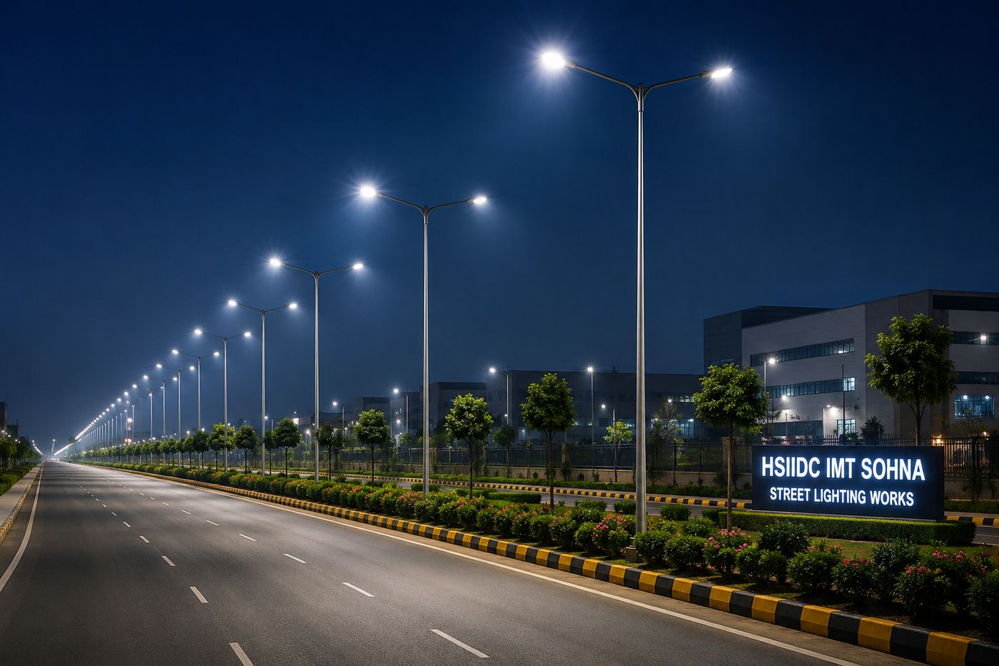 LED street lighting installed along an industrial township road at night