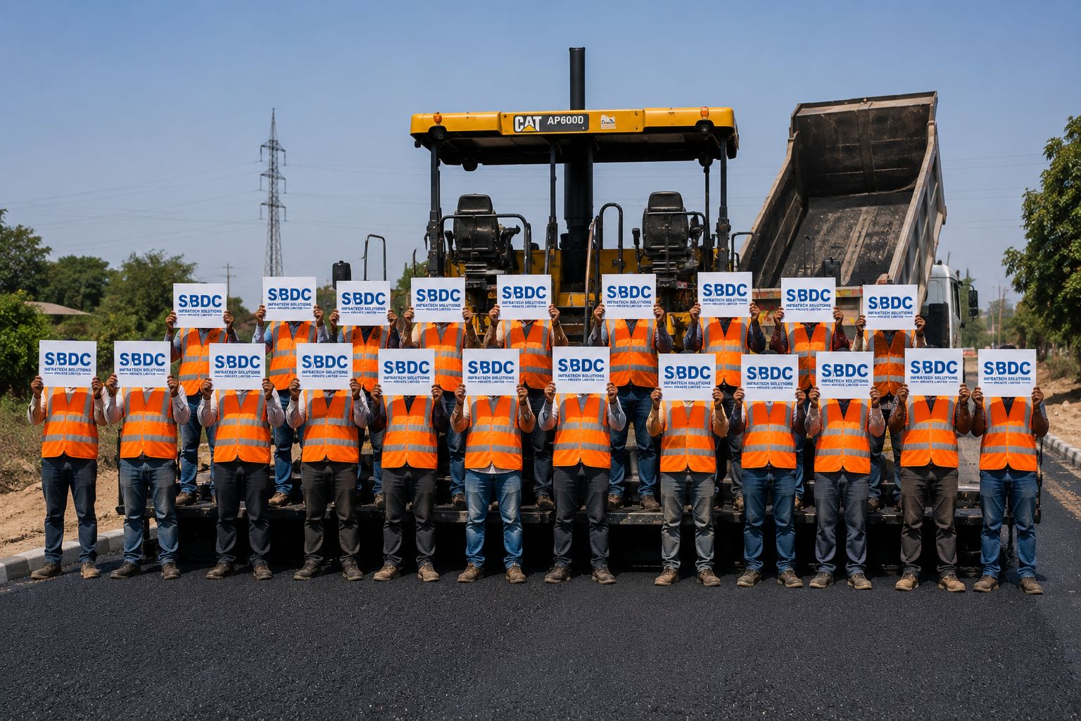 SBDC Infratech site team assembled in front of a paver